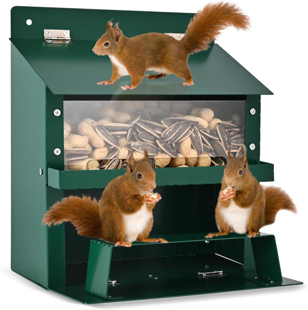 Squirrel Feeders for Outside, Metal Squirrel Feeder with Flip Lid, Large Transparent Bin, Outdoor Hanging Squirrel Feeder for Squirrel, Chipmunks, Wildlife, Great Gift for Mom & Nature Lovers