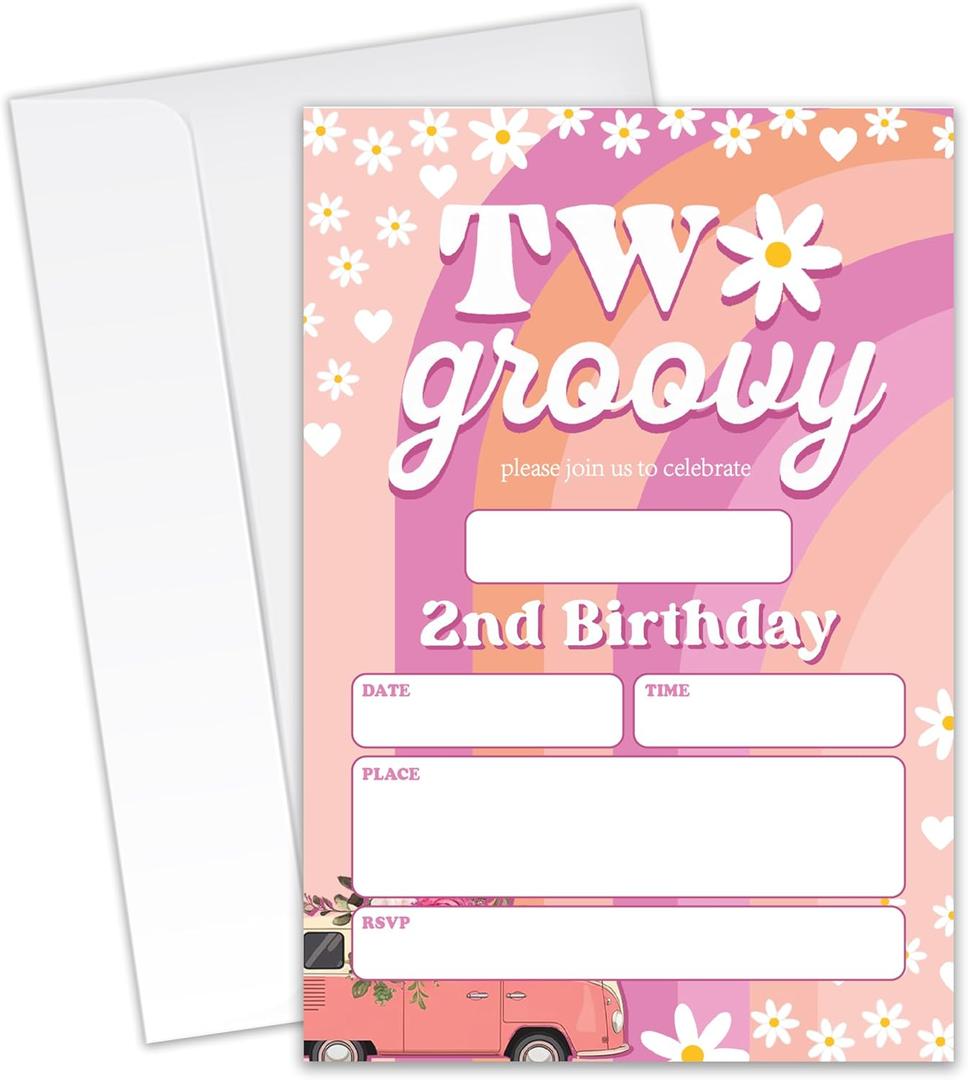 Two Groovy Birthday Party Invitations - 20 Invitation Cards 4"x6" with 20 Envelopes - Groovy invitations for 2nd Birthday Party Invites.(139)