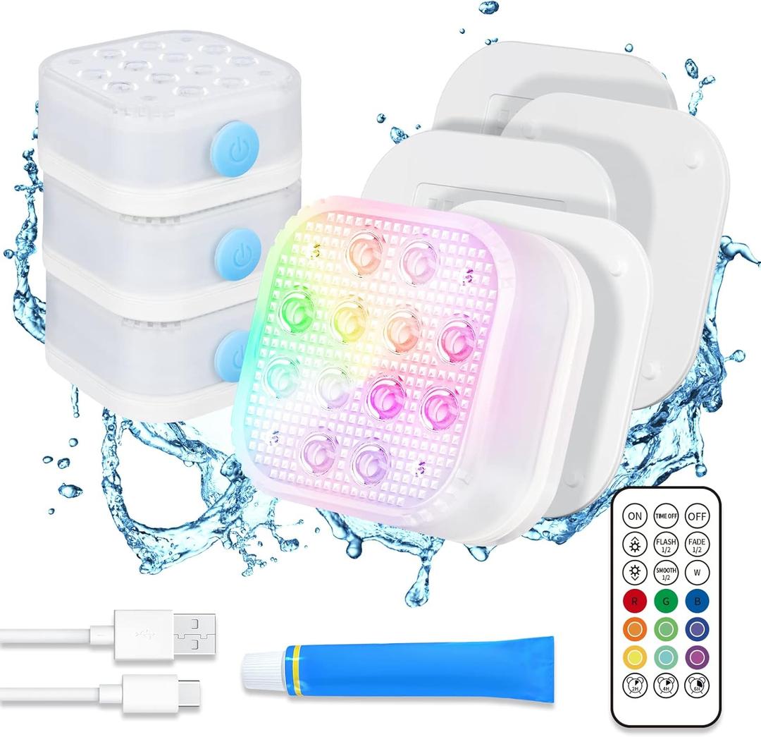 Homly Rechargeable Submersible Pool Lights with Remote, Waterproof Underwater Charging Battery Operated Controlled 16 Color Changing LED with Magnet Floating Lights Pool Pond Decoration 4 Pack