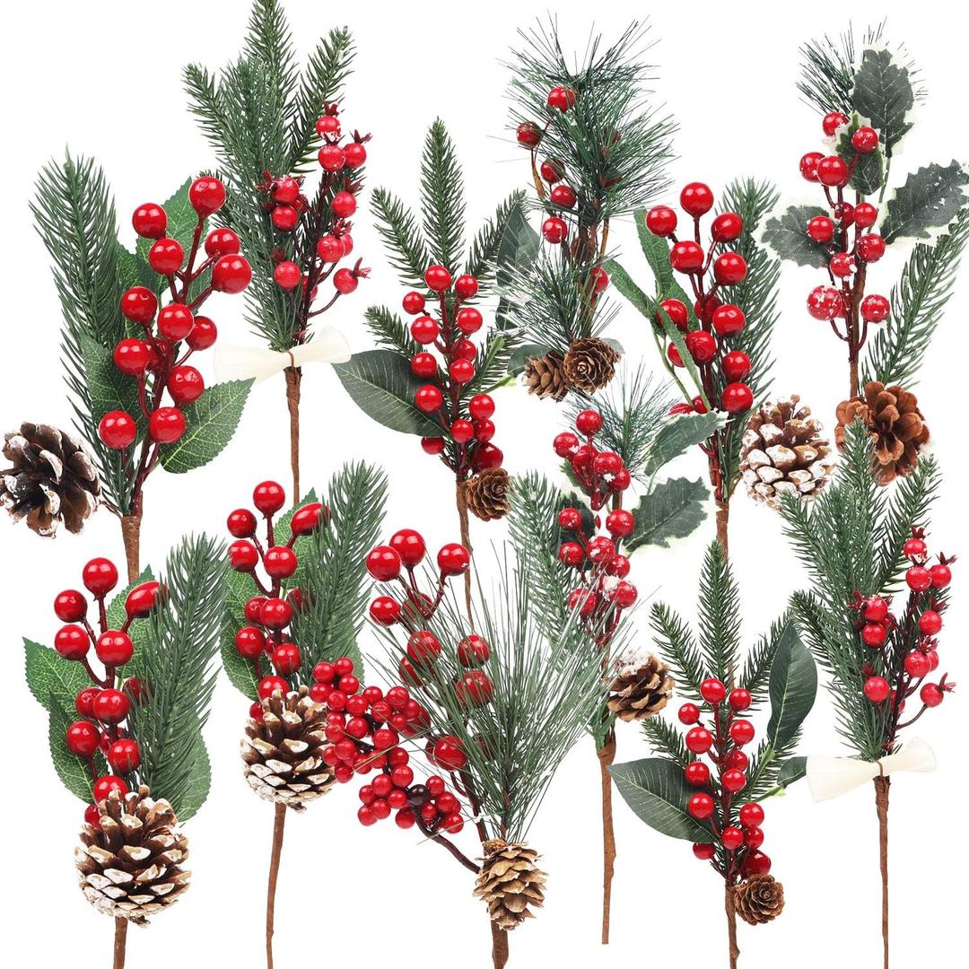 DR.DUDU 12 Pack Artificial Berry Twigs for Christmas Tree Decoration, DIY Christmas Red Berry Stems for Crafts Wreath Garland Ornaments, 6 Designs