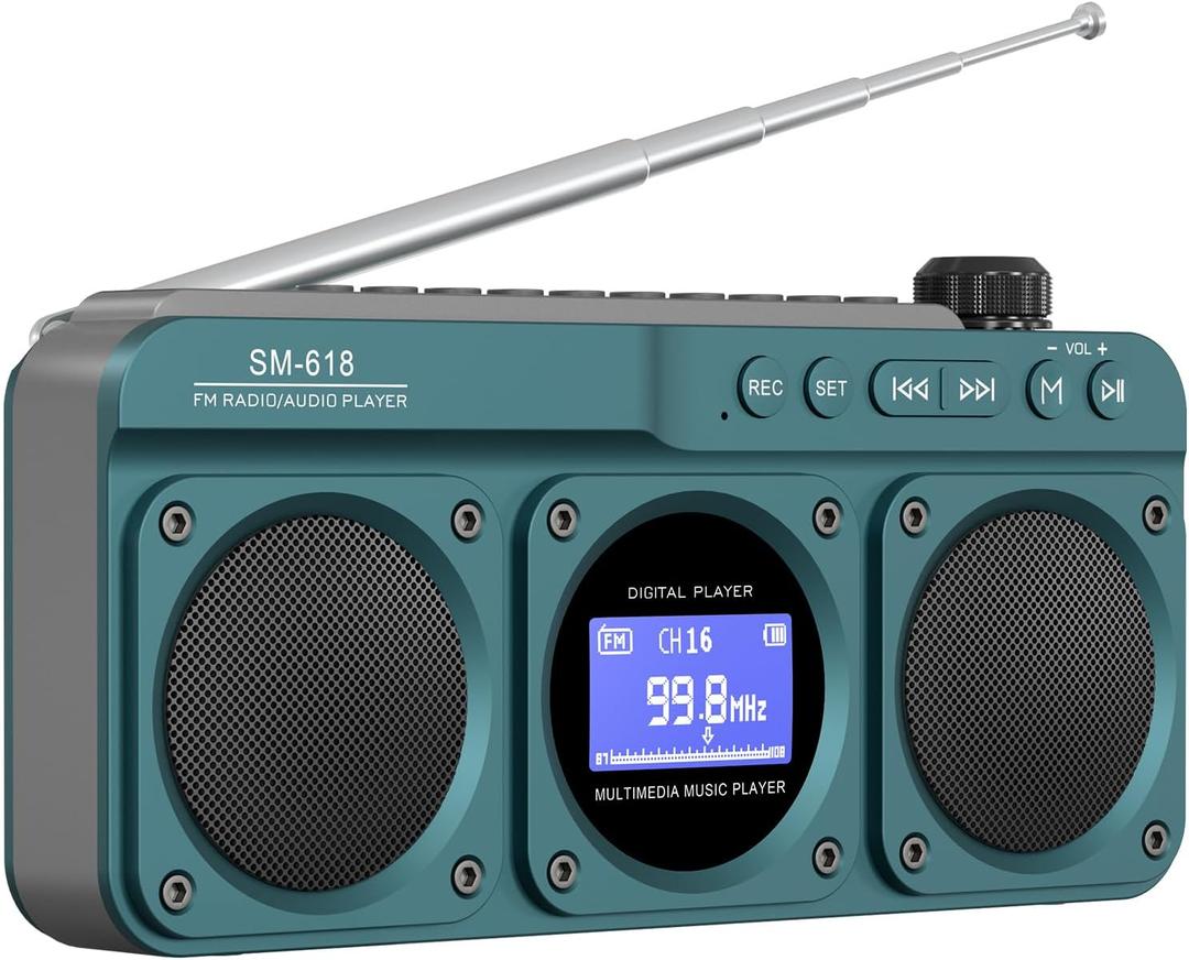 SEMIER Small Digital FM Radio Bluetooth Speaker, Handheld Rechargeable Radio Wireless Speaker, LCD Display, Double Speakers, Headphone Jack, Support USB/Micro SD Card MP3 Play for Home Outdoor (No AM)