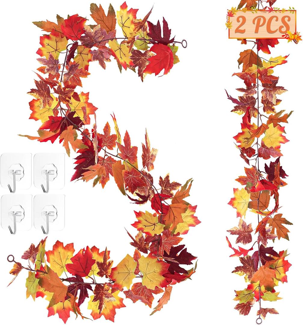 2 PCS Fall Decor, 11.8FT Fall Garland for Mantle, Fall Decorations for Home, Thanksgiving Decorations Indoor, Halloween Autumn Maples Leaf Garland for Autumn Decor Wedding Party (Brown)