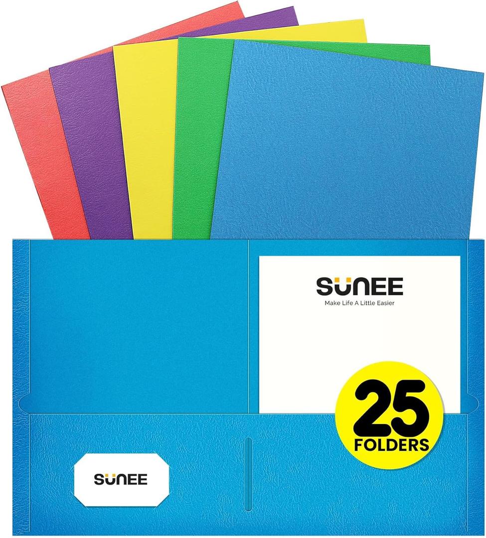 SUNEE Folders with Pockets(25 Pack, Assorted Colors), 2 Pocket Folders Fit Letter Size Paper, Paper File Folder for School Office Home Business (Multicolored)