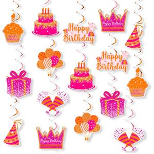 Pink Orange Birthday Hanging Swirls 24 PCS Cake Balloon Patterns