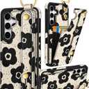 Petitian for Samsung Galaxy S25/S24 Case with Wallet - Women Girls Cute Girly Aesthetic Unique Design with Leather Credit Card Holder Cardholder Stand Wristband, Black Flower