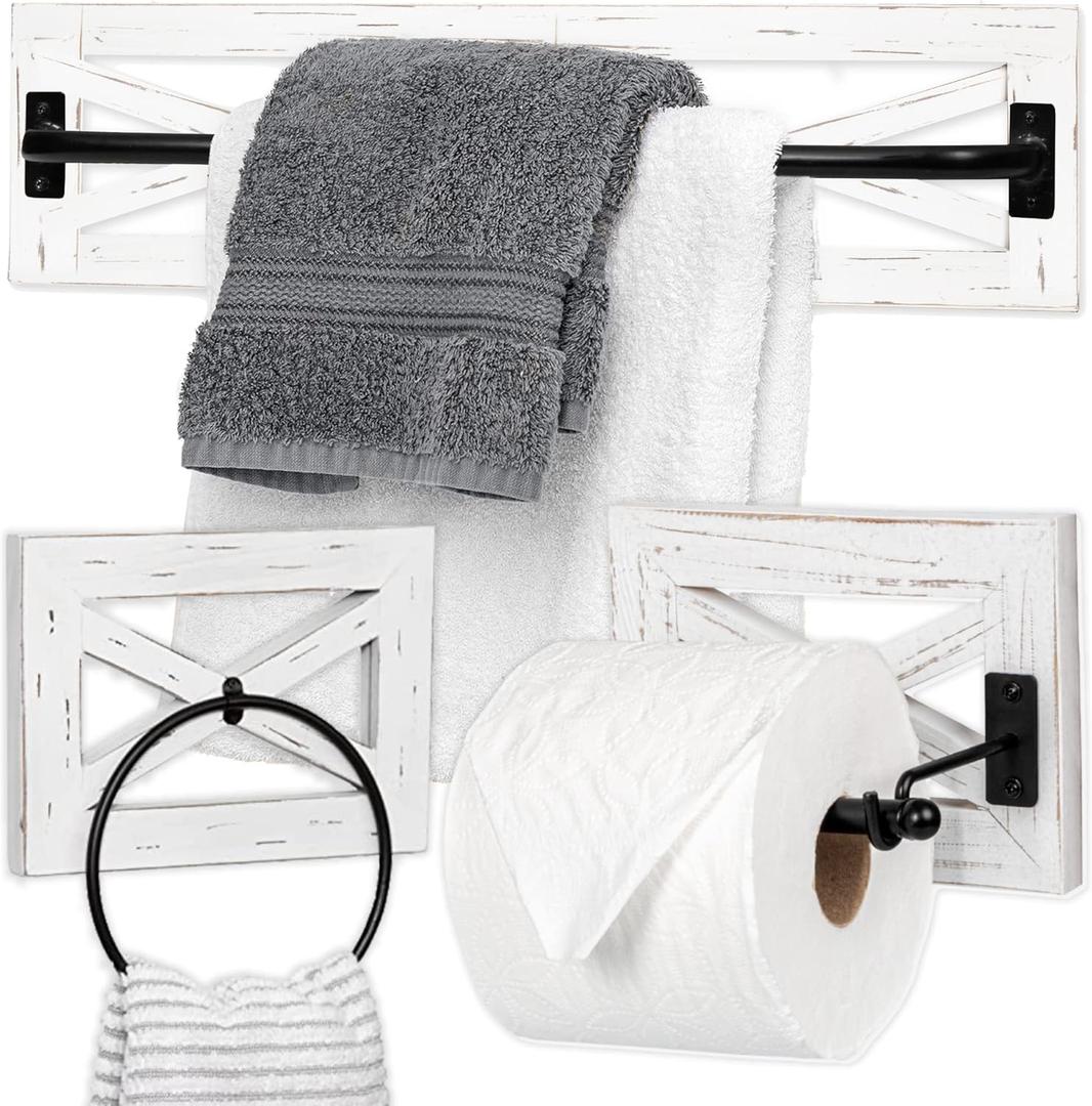 Ilyapa Rustic Towel Bar Toilet Paper Holder Set with Towel Ring for Bathroom- Wall Mounted Racks - White Wood & Black Metal Bar, Farmhouse Decor