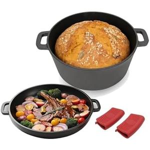 5 Quart Cast Iron Dutch Oven with Skillet Lid Pan, 2-In-1 Pre-Seasoned Cast Iron Skillet Cookware Pan Set with Anti - Scald Silicone Handle Pads, Outdoor Caming Oven, Campfire & Stovetop Safe, Heavy Duty Oven