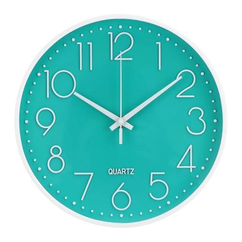 Bakbrand Wall Clock Non-Ticking Silent Modern Simple Style Round Decor Clock Stereoscopic Dial Quartz Wall Clocks for Home/ Office/ School/ Living Room/ Bedroom/ Kitchen (Turquoise, 12inch)