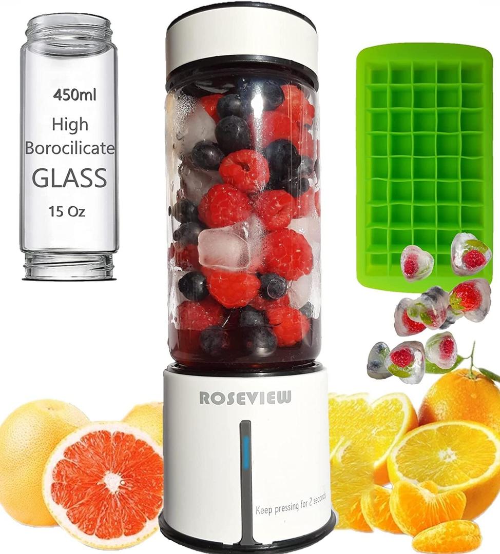 Portable Smoothie Blender ROSEVIEW Glass Cordless Mini Shakes Cup blend for smoothies USB rechargeable juicer 2 battery Handheld Personal travel Jet mixer
