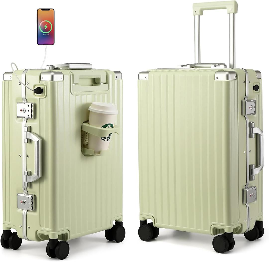 MYER Hard Case 24 Inch Checked Luggage with Spinner Wheels,Aluminum Luggage with 100% 3-Layer PC,Hard Shell Suitcases with Wheels,Cup Holder and USB Port (Vanilla Green, 24 inch)