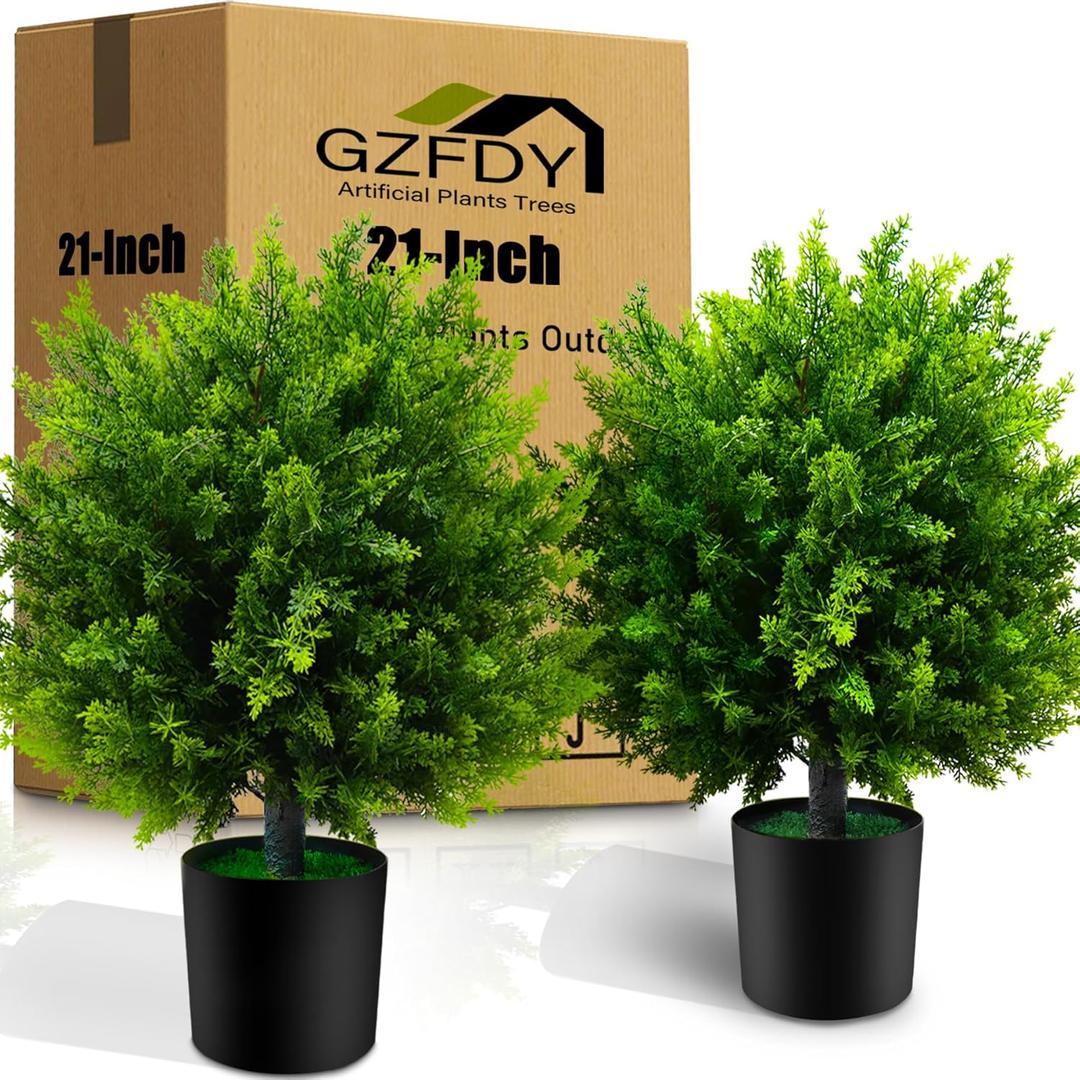 21-Inch Artificial Cedar Ball Trees (Set of Two)  Lifelike, UV-Resistant Decor for Indoor & Outdoor Use  Enhance Your Space with Vibrant Greenery