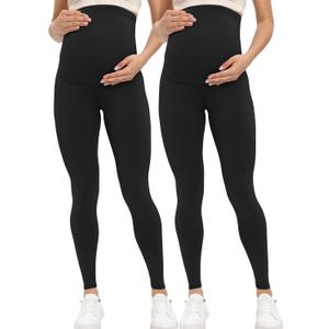 Buttergene Women's Maternity Leggings over the Belly Pregnancy Active Wear Workout Yoga Tights Pants (Large, 2pack Black*2)