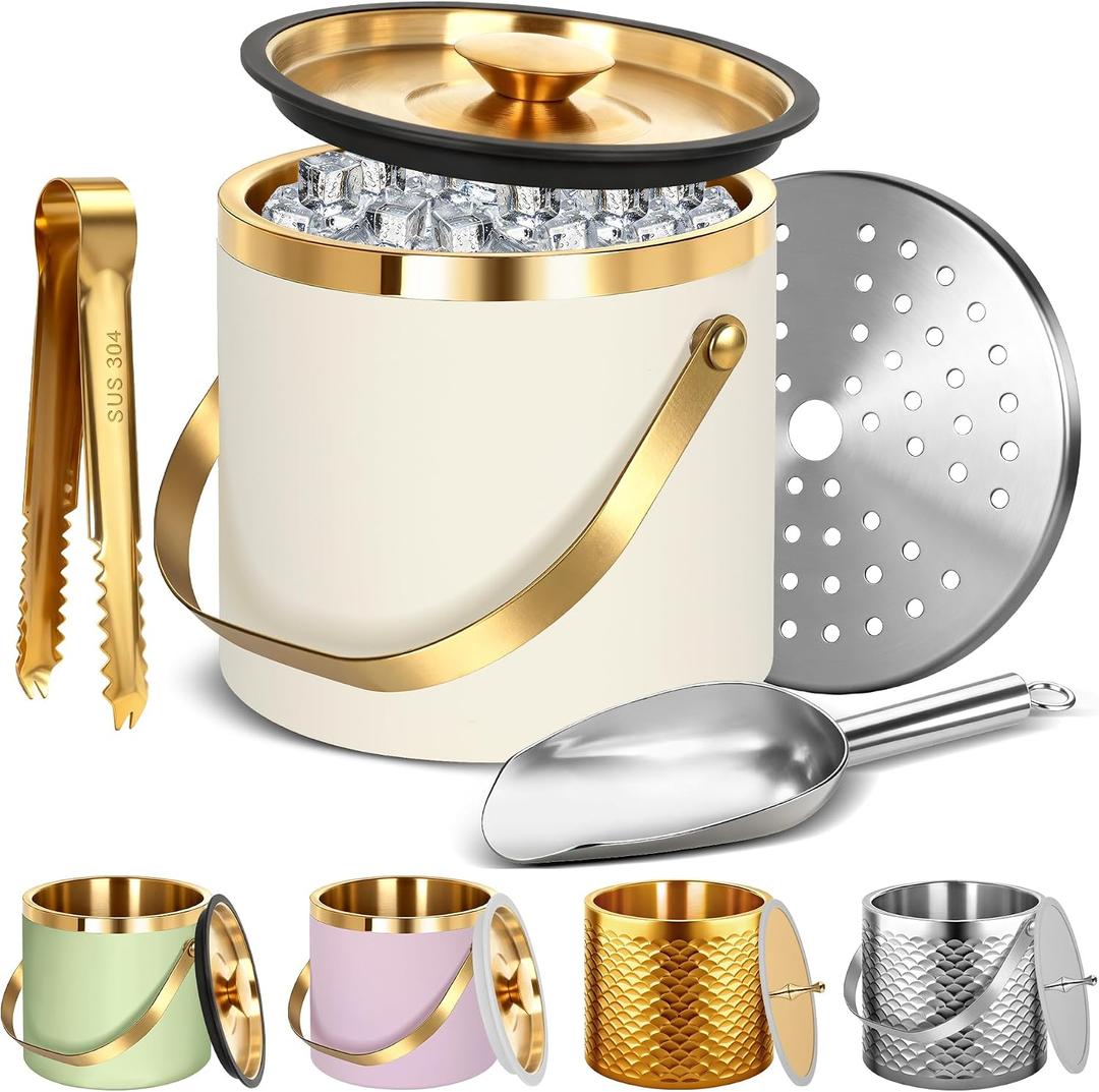 Ice Bucket, Ice Bucket with Silicone Sealing Ring Double-Wall Vacuum Insulation Champagne Buckets with Filter Layer Ice Tongs Ice Scoop (Beige, 4 L)