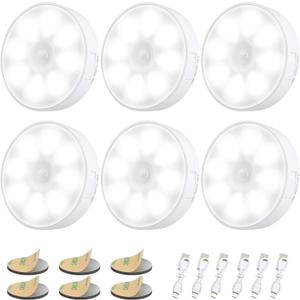 6 Pack Motion Sensor Light Indoor [8 LEDs], Electight Night Light USB Rechargeable, 400 mAh Battery & 3 Light Modes, Cordless Magnetic Sticker Nightlight, for Stair, Closet, Hallway - 6000K Cold White