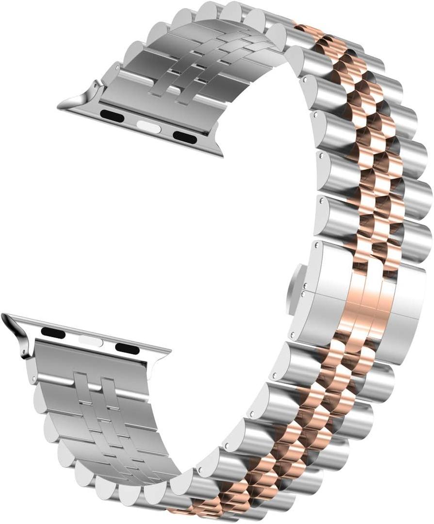 Compatible with Apple Watch Ultra 3/Ultra 2 Band 49mm 46mm 45mm 44mm 42mm,Stainless Steel Heavy iWatch Band with Butterfly Folding Clasp Link Bracelet for Series 11-1/SE3/2/Men,Silver/Rose Gold