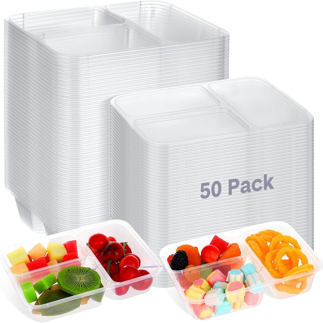 Zhehao 50 Pack 17 oz Clear Snack Containers with Lids 3 Compartment Box Containers Bulk Plastic Bento Snack Boxes for Lunch Work Travel Sauce Dip Condiments