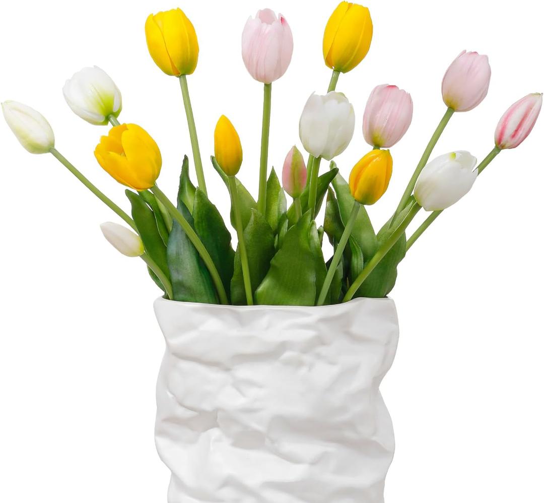 15 Pcs White-Light Pink-Yellow Artificial Tulips Fake Flowers, Premium Latex Lifelike Texture, UV Resistant Waterproof Faux Tulip Bouquets with Snap-on Petals for Outdoor, Home, Wedding Decor