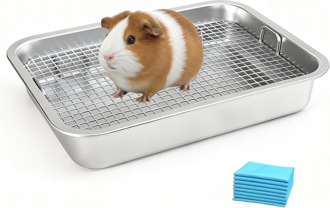 Stainless Steel Guinea Pig Litter Box with Raised Grid,Small Animal Litter Box for Rat,Rhinchilla,Ferret,Toilet Potty Training Pan for Cage (Medium)