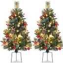 Set of 2 Outdoor Pathway Christmas Trees, 30in Artificial Xmas Tree with 35 LED Lights, 8 Lighting Modes & Timer, Red & Gold Berries, Ball Ornaments, Holiday Dcor for Driveway, Porch, Yard