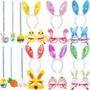 18 Pcs Easter Accessories Set Easter Party Favors - 6 Bunny Ear Headbands, 6 Glitter Necklaces, 6 Glasses for Kids Easter Egg Hunt, Party Favors, Photo Props
