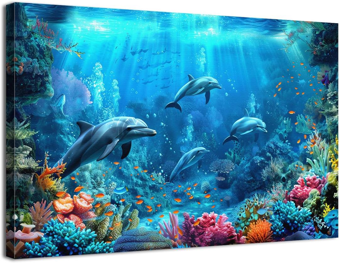Blue Beach Bathroom Wall Decor Ocean Dolphin Wall Art Underwater World Coral Fish Pictures for Living Room Navy Seascape Photo Canvas Prints Coastal Sea Animal Artwork Bedroom Home Decorations 12x16