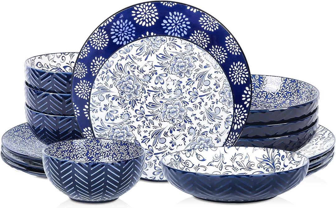 Selamica Dinnerware Sets 16 Piece, Ceramic Plates and Bowls Set, Embossed Dishes Set for 4, Housewarming, Dark Blue