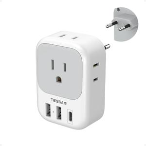 European Travel Plug Adapter USB C, TESSAN International Plug Adapter with 4 AC Outlets and 3 USB Ports, Type C Power Adaptor Charger for US to Most of Europe Iceland Spain Italy France Germany (Type C-white gray)