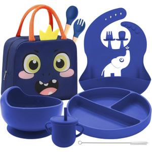 Baby Weaning Set with Adjustable bib | baby feeding set with Sippy Cup, Suction Plate, Bowl & Self-Feeding Cutlery | Silicone Feeding essentials Dishwasher & Microwave Safe (Blue)