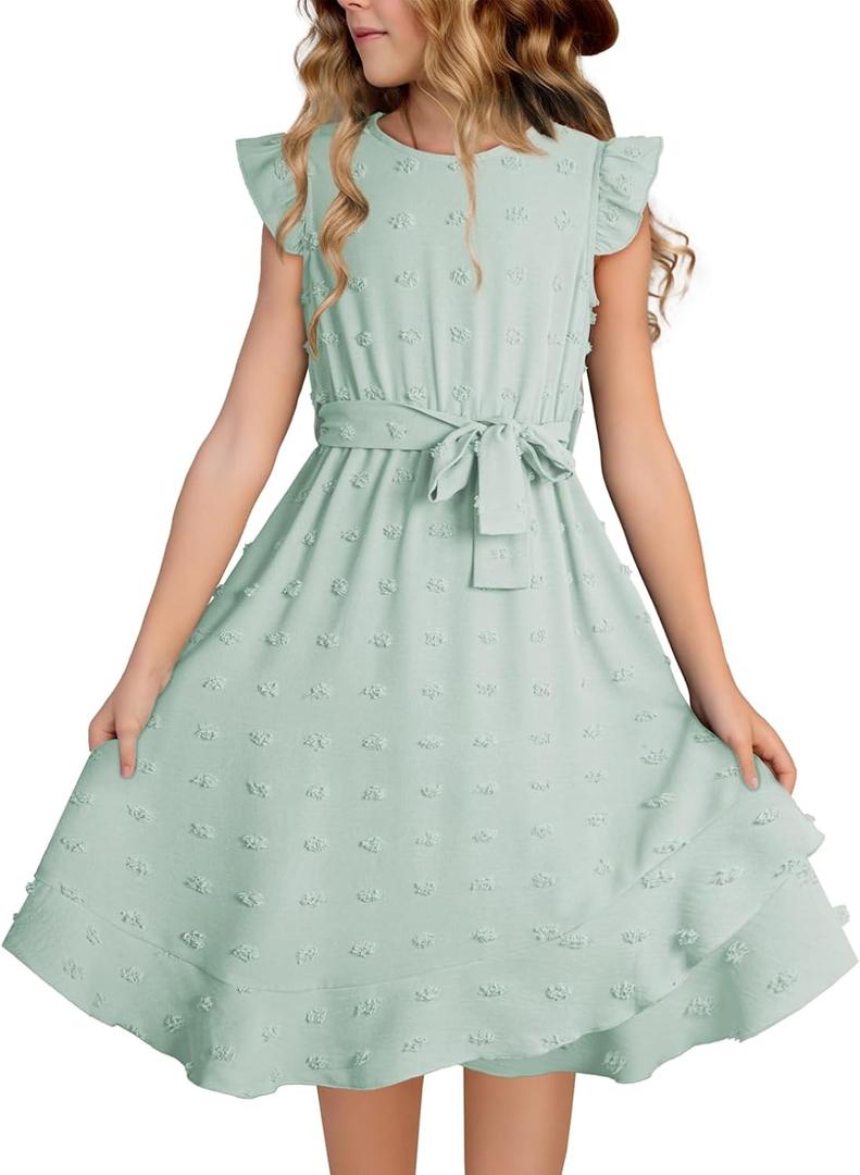 Tween Girls Summer Dresses Girl Short Sleeve Boho Swiss Dot Ruffle Semi Formal Midi Dress Kid Wedding Guest Casual Flare Party Belt Clothes Dressy Outfit Size 12-13 Year Old Green