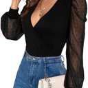 Fayenne Womens Tops Deep V Neck Cross Wrap Sexy Tops Polka Dot Mesh Long Sleeve T Shirt Casual Blouses, Size L