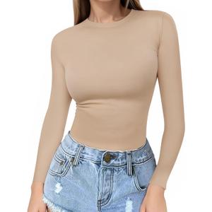 MANGOPOP Crew Neck Long Sleeve T Shirts for Women Fitted Shirts Tight Neck T Shirts Basic Tee Tops (Large)