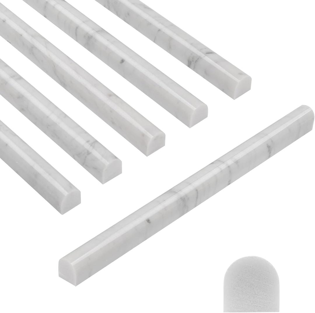 15 Pcs Carrara White Marble Pencil Trim Liner, 3/4"X12" Bullnose Tile Edge Trim for Kitchen and Shower Wall, Polished