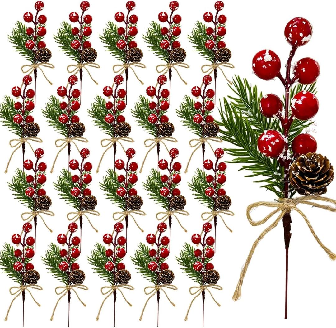 20 Pcs Artificial Pine Cone Snowflake Red Berry Picks Stems, 7.1" Fake Frosted Holly Berries Needles Branches with Pinecones Christmas Sprays Floral Leaves Xmas Tree DIY Holiday Party Decor