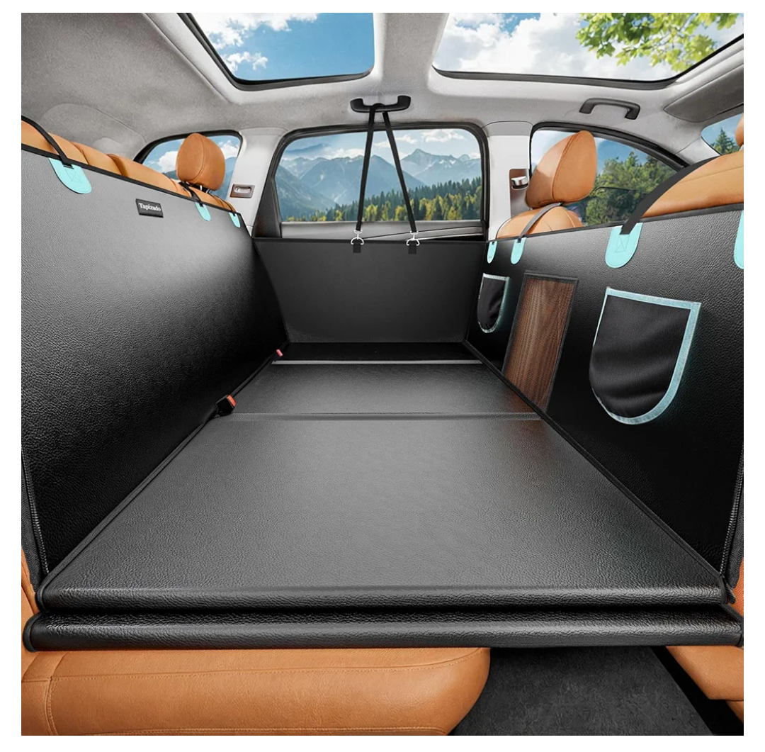 Tapizado Back Seat Extender for Dogs with Zippered Mesh Window, Detachable Hard Bottom Car Seat Cover for Dog Holds 400lbs, Large Space Backseat Extender, Hammock for Car, SUV, 600D Oxford