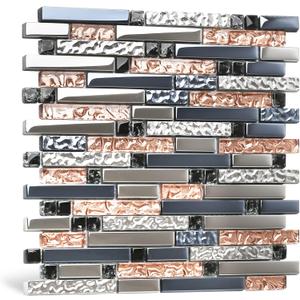 Blujellyfish Mosaic Tiles Crystal Glass Tile Rose Gold Interlocking Chrome Silver Black Ink Blue Mosaic Bath Kitchen Fireplace Decor TSTGT107 (5 Square Feet) (5 Sheets (12x12 Inches))