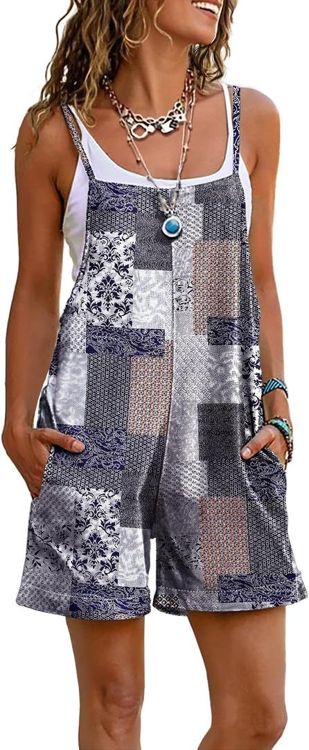 YESNO Women Summer Casual Loose Rompers Sleeveless Boho Floral Spaghetti Straps Shorts Overalls Jumpsuit with Pockets, Large, PH2 CR260