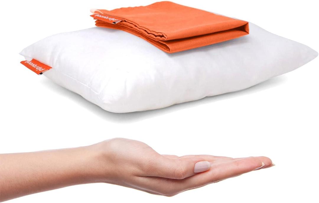 Pipsqueak Pillow - Small, Mini, Tiny - 11 x 7 in - Perfect for Travel, Cars, Airplanes, Camping, Dogs, Toddlers, Kids, Lumbar, Knees and Neck - Ages 2 Yrs and Up (White Pillow W/ Orange Case)