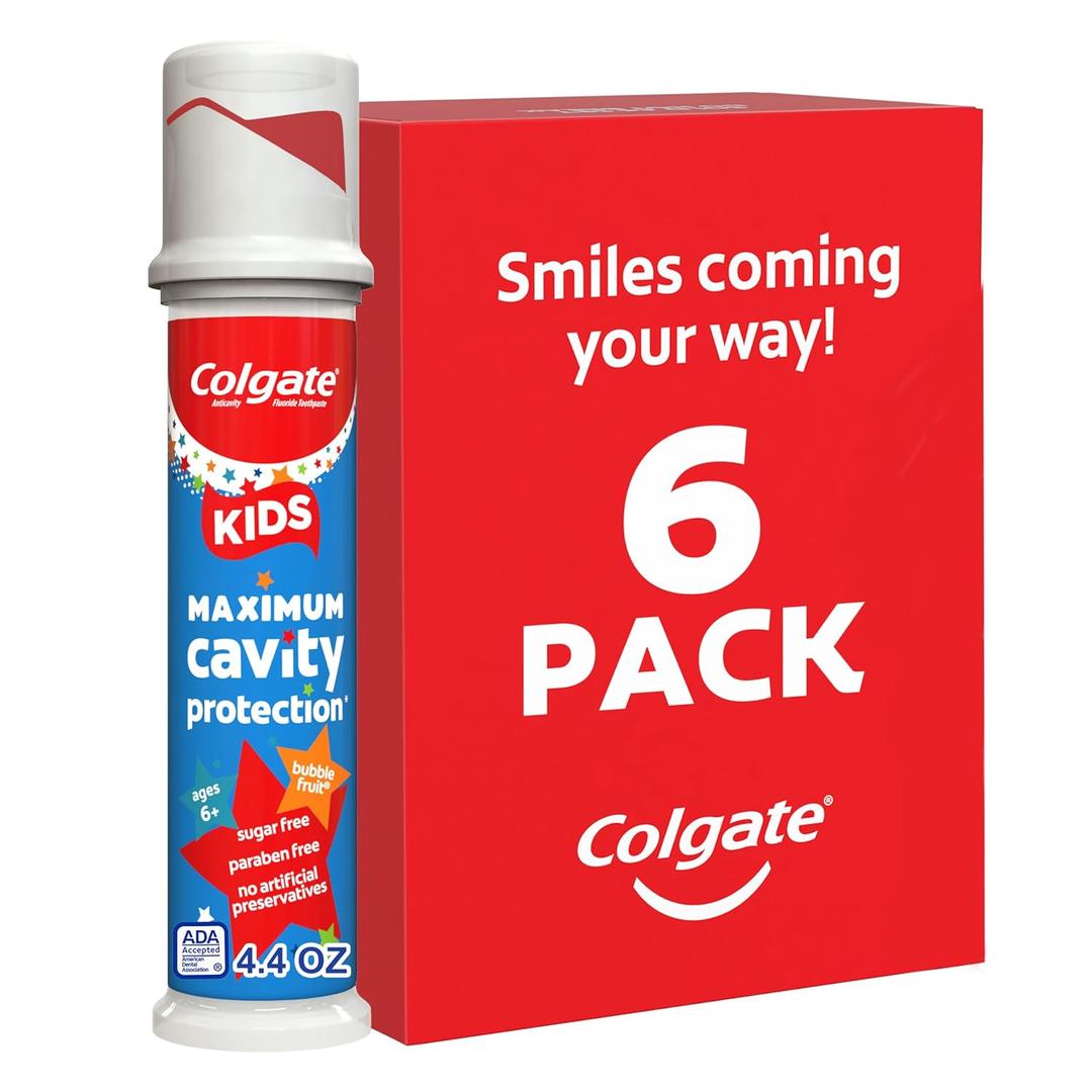 Colgate Kids Toothpaste Pump with Fluoride for Cavity Protection, Ages 6+, ADA Accepted, Bubble Fruit, 4.4 Ounce, 6 Pack