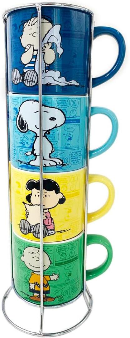 Silver Buffalo Peanuts Comic Strip 4-Pack Ceramic Mug Stack, 10-Ounces