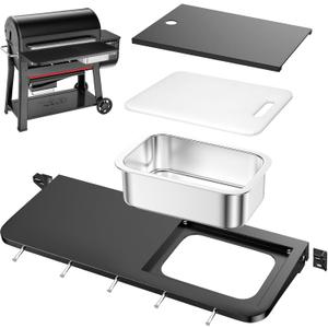 Utheer Front Folding Grill Table for Weber Searwood XL 600 – 35" x 12.5" Large Front Shelf with Stainless Steel Basin, Works Cutting Board, Lid & 5 Hooks, Heavy-Duty Weber Searwood XL 600 Accessories