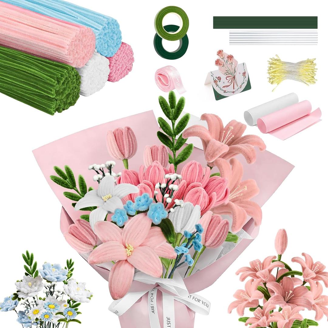 680 PCS Pipe Cleaners Flower Craft Kit - Bulk Pipe Cleaners, 5 Colors Chenille Stems Craft with Stamen for DIY Flower Making, Creative Gift for Graduation & Children's Day