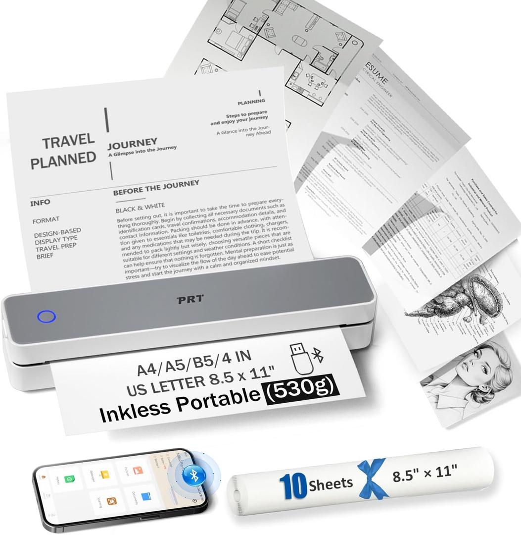 PRT Inkless Portable Printer, Wireless Thermal Printer for Travel Support 8.5"x11" US Letter & A4 B5, MT610 Small Bluetooth Mobile Printers with iOS Android Laptop for Home Car Office School, Grey
