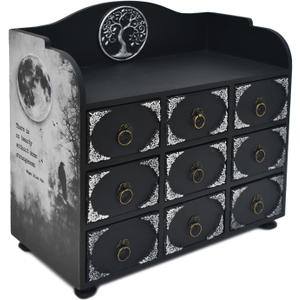 IRISVITA Black Rustic Gothic Jewelry Box With 9 Drawers, Edgar Allan Poe Poems Cabinet of Curiosites, Gothic Decor, Gift for Poetry/Goth Fans