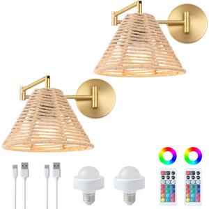 Rattan Swing Arm Battery Operated Wall Sconces Set of 2,Rechargeable Wireless Dimmable 3 Color Wall Light with Remote,Cone Indoor Light Fixture for Bedside,Kitchen,Hallway,Living Room,Reading (Gold+Brown)