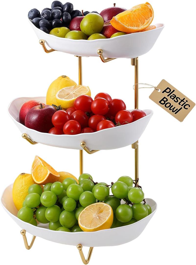 Fruit Bowl for Kitchen Counter - 3 Tier Fruit Basket with Metal Stand, Tiered Fruit Stand for Countertop, Snack, Nuts, Cake, Dessert, Small & Cute (Kid-Friendly Plastic, Gold)