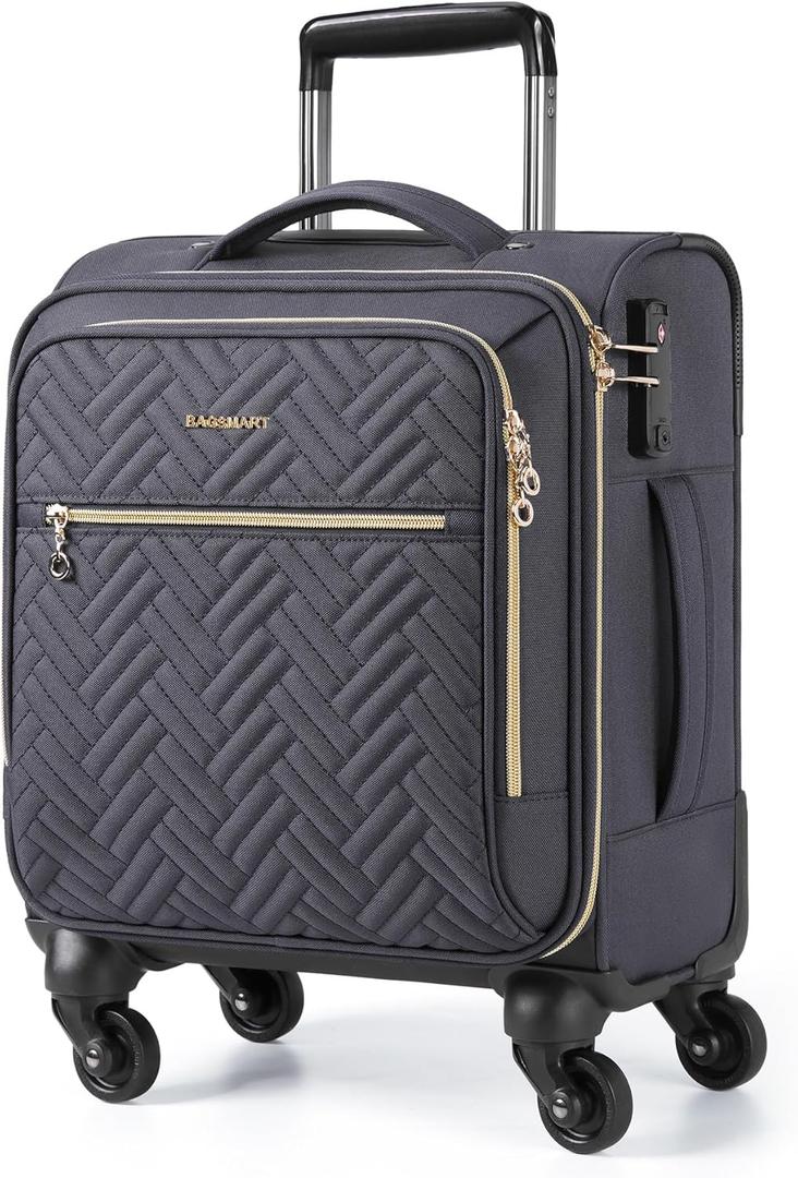 BAGSMART Underseat Carry On luggage Airline Approved, 16-inch Small Softside Underseater Travel Suitcase with Spinner Wheels Overnight Bag Small Rolling Carry-on for Women Men Weekender,Grey