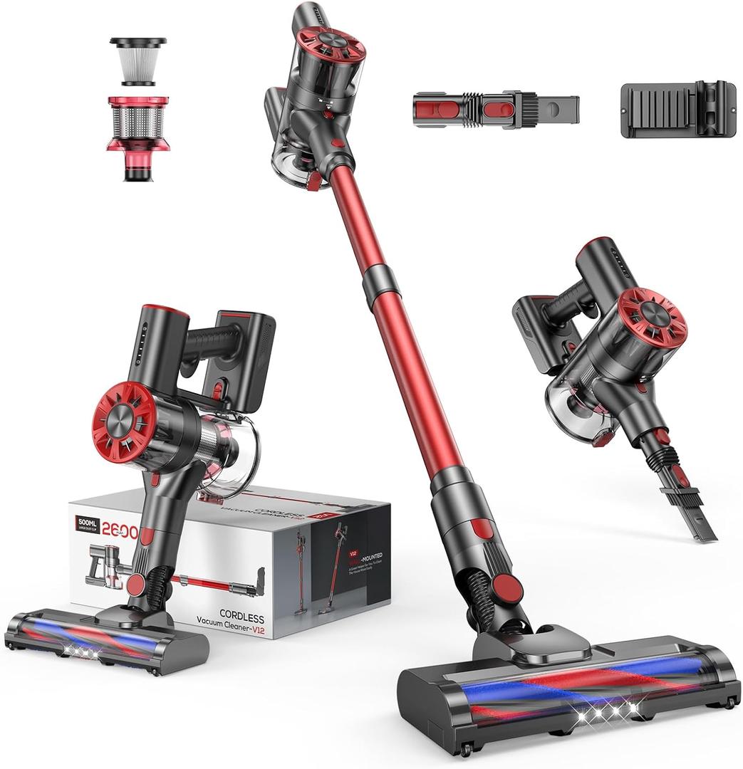 Comvtu Cordless Vacuum Cleaner for Home, 80,000PRM Powerful 4 in 1 Lightweight Stick Vacuum with 2 Adjustable Suctions, Max 40 Mins Runtime, 2600mAh Rechargeable Vacuum Cleaners (Rave Red)