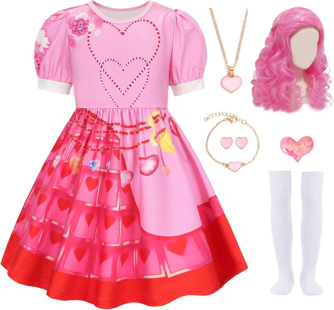 7 Pcs Pink Rise Costume for Girls Red Princess Dress with Wig (8-9 Years)