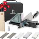 PATENTED ORIGINAL ADJUSTABLE ROLLING KNIFE SHARPENER KIT: Adjustable Height, 30 Angle Options, 5 Removeable Whetstone Plates, Leather Strop with Travel Case - Kitchen Knife Sharpener