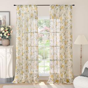 Lajode Floral Sheer Curtains 84 Inch Length 2 Panels, Vintage Farmhouse Light Filtering Privacy Semi-Sheer Linen Lavender Curtains for Bedroom Living Room, Rod Pocket, Yellow ,Each 52 Inch Wide
